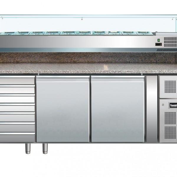 TABLE À PIZZA 600 X 400 2 PORTES+BLOC 7 TIROIRS pour cuisine professionnelle TABLE À PIZZA 600 X 400 2 PORTES+BLOC 7 TIROIRS pour cuisine professionnelle
