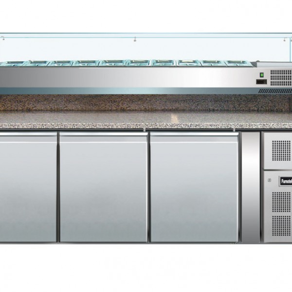 TABLE À PIZZA 600 X 400 3 PORTES+VITRINE pour cuisine professionnelle TABLE À PIZZA 600 X 400 3 PORTES+VITRINE pour cuisine professionnelle